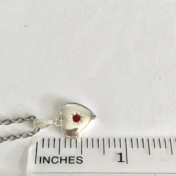 Vintage Silver Heart Locket Necklace Dainty Small Charm 18" Plated Red Stone - Picture 10 of 10